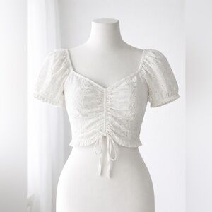 🤍 Boho Hollister White Eyelet Smocked Puff-Sleeve Top – XS